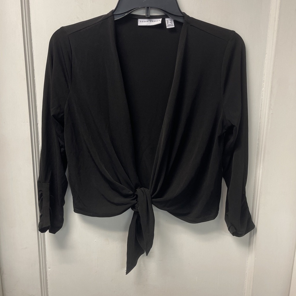 Susan Graver Solid Knit open Tie Front Long Sleeve Stretch Shrug  Black XXS